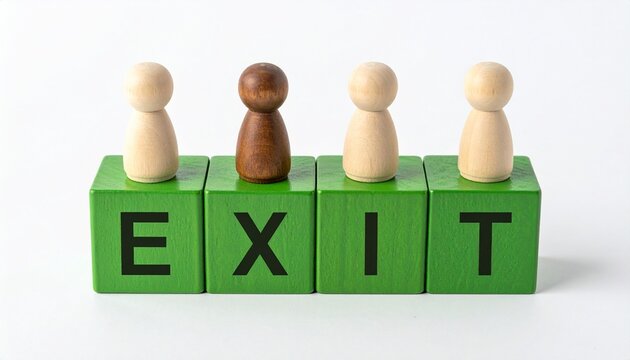 Wooden figurines stand on exit blocks in transition
