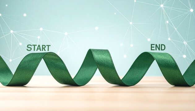 Green ribbon journey from start to end across geometry