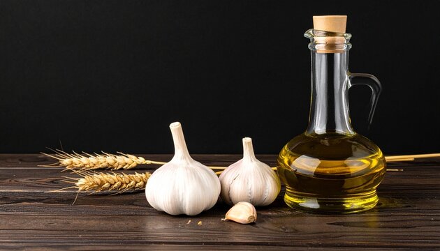 Rustic olive oil with garlic and wheat in darkness