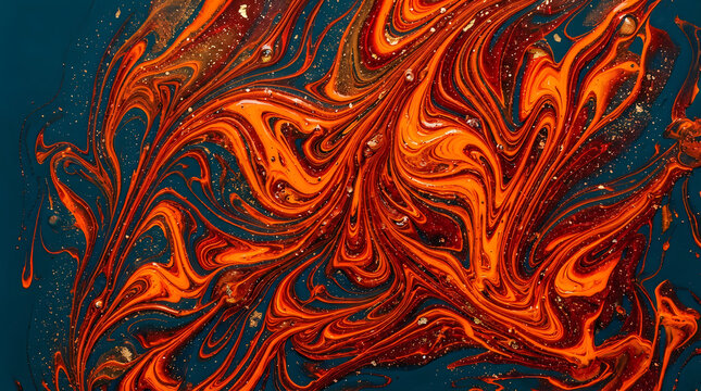 Abstract liquid paint swirls in vibrant orange and red colors with deep dark background