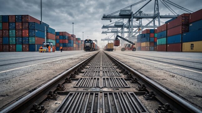 Freight train tracks leading through massive shipping container stacks in a busy industrial cargo harbor port
