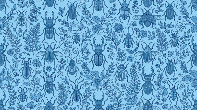 Seamless pattern of blue beetles and botanical elements, flat design illustration with intricate details