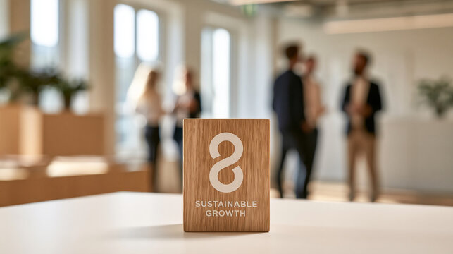 Sustainable Growth Milestone: A wooden block engraved with the infinity symbol and the words Sustainable Growth sits on a table in a modern office.
