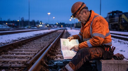 Fototapeta premium Professional railroad engineer studies technical schematic diagrams while sitting on icy train tracks during evening hours