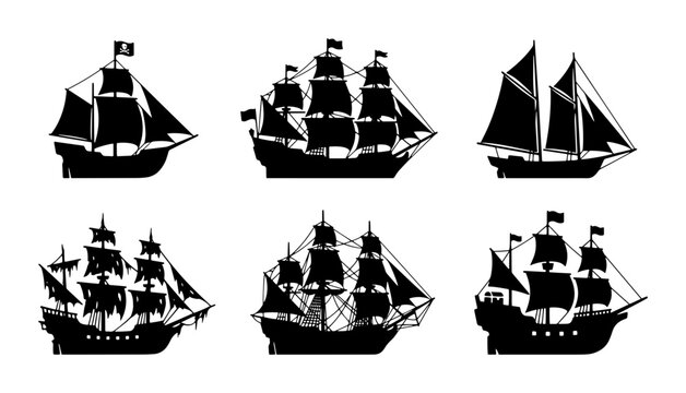 70 Set of 6 Silhouette Sailing Ships, Vintage Galleons and Frigates, Nautical Vector Icons for Maritime Adventure and History Themes 100