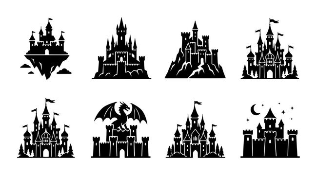 70 Fantasy Castle Icons Set, Medieval Fortress Silhouettes, Mythical Dragon Emblem, Royal Palace Vector Graphics, Fairytale Architecture Collection 100