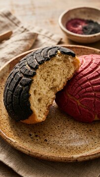 Mexican concha sweet bread on ceramic plate in rustic kitchen setting with soft natural lighting