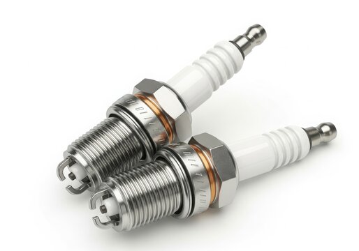 Close-up of car spark plug assembly isolated on white background