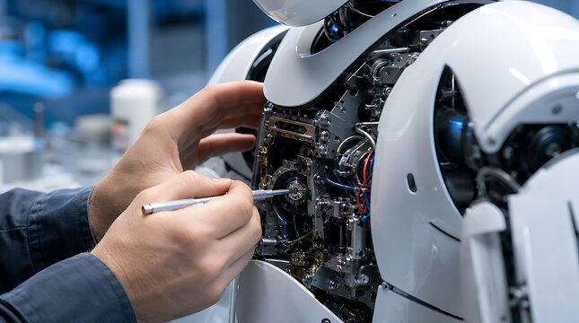 Close up of technician hands repairing intricate humanoid robot internal mechanism with fine tool, robotics engineering concept