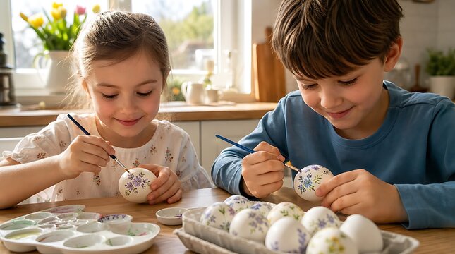 Young boy and girl painting floral patterns on Easter eggs at wooden table in sunlit kitchen, fun spring craft concept