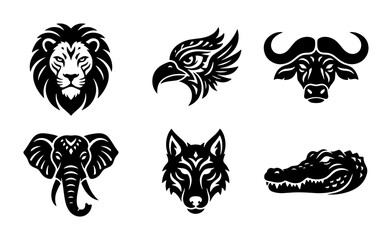 Obraz premium 70 Wild Animal Head Vector Icons: Lion, Eagle, Buffalo, Elephant, Wolf, Crocodile. Bold Tribal Style Graphics for Wildlife Branding, Nature Themes, and Safari Designs. 100