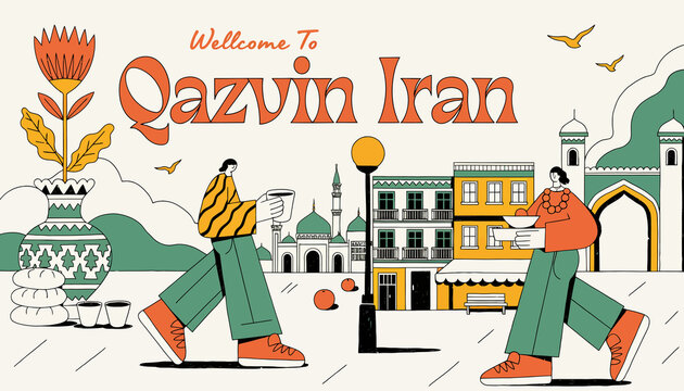 Welcome to Qazvin Iran: Stylized Illustration of Cityscape with People and Cultural Elements