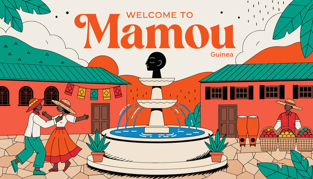 Welcome to Mamou, Guinea: Vibrant illustration of a town square with fountain, dancers, and market stalls.