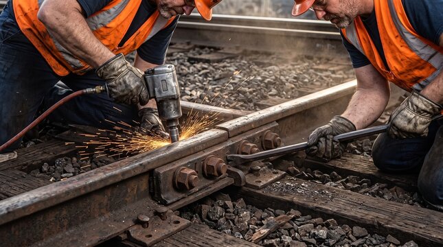 Railway workers repairing metal train tracks with industrial power tools and orange safety vests at sunset