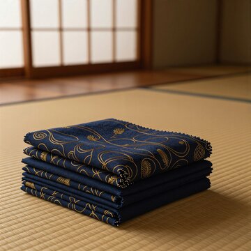 Stacked gold thread embroidered fabric swatches on tatami