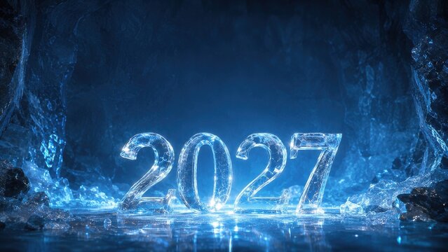2027 ice numbers glowing in a winter cave