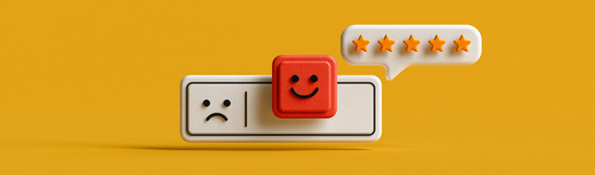 Customer Satisfaction Meter: A visual representation of customer satisfaction, showing a range from unhappy to delighted, with a happy face icon and five golden stars indicating a top rating.