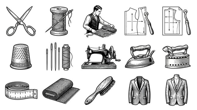 Vintage tailoring and sewing equipment sketch icons.