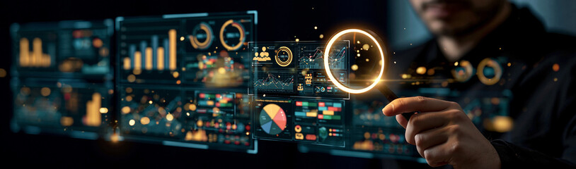 Fototapeta premium Data Visualization Interface: A man interacts with a futuristic holographic display showing complex data charts and graphs, symbolizing digital information and analysis.