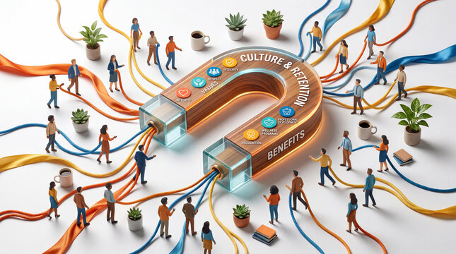Miniature people walking along colorful ribbons attracted to a large magnet labeled culture retention and benefits