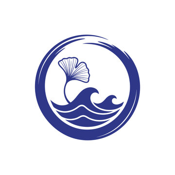 Minimalist blue circular logo design featuring a ginkgo leaf and ocean waves.