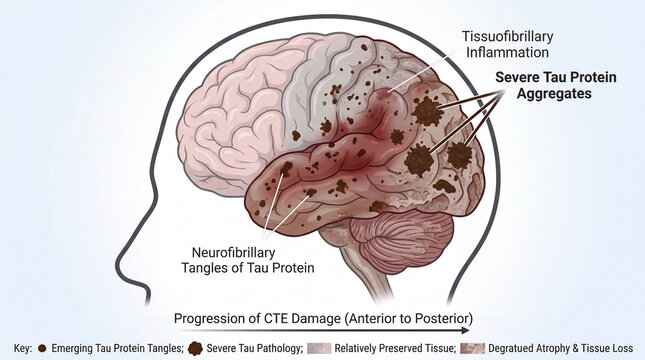 Brain diagram showing tau protein tangles and neurofibrillary damage progression for chronic traumatic encephalopathy medical education and research