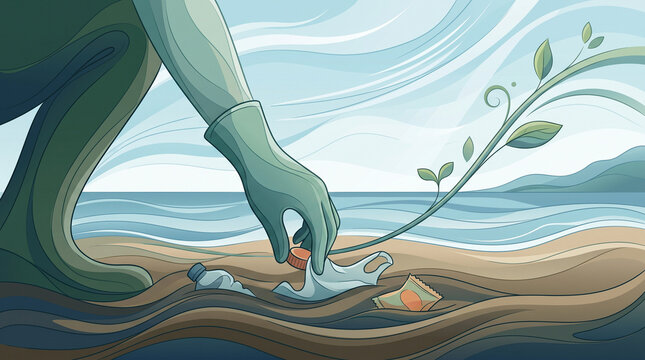 A person in a glove picking up trash on the beach with the ocean and growing plants in the background.