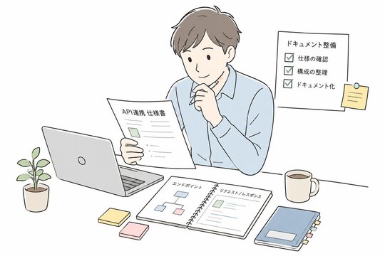 デスクでAPI連携仕様書を確認しドキュメント作成を行う男性のイラスト
