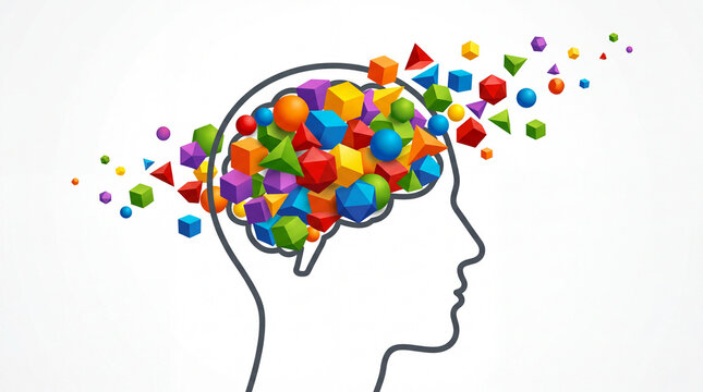 Colorful 3d geometric shapes flowing from human head silhouette representing creativity innovation and brainstorming concept