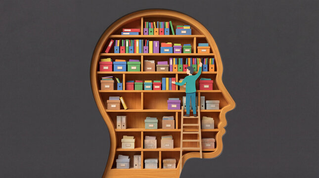 Man organizing books and files inside human head shaped bookshelf representing knowledge management and mental organization