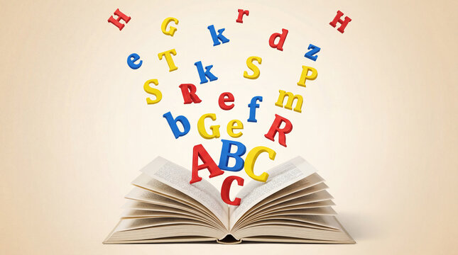 Open book with colorful 3d alphabet letters floating upward for education and literacy concepts
