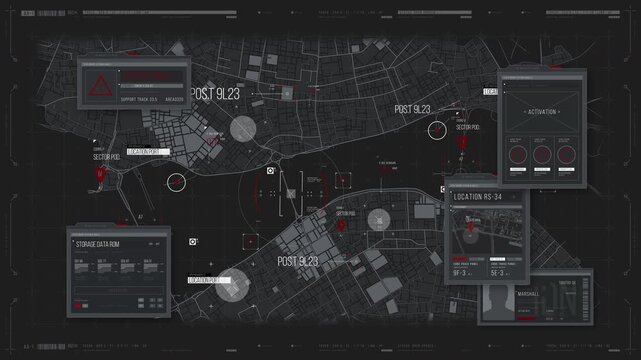 Animated HUD map interface shows moving location graphics, markers and information windows across a city layout.