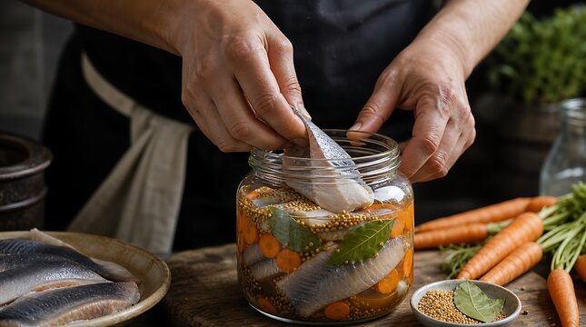 Close up of chef hands packing fresh herring fillets with spices into glass jar, homemade pickled fish concept
