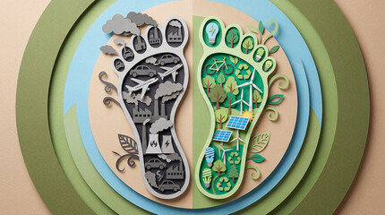 Fototapeta premium Paper cutout of two footprints showing pollution versus green energy symbols for environmental awareness and sustainability campaigns