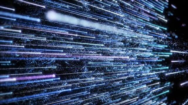 Abstract blue light streaks moving fast into darkness during a digital warp speed effect