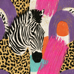 Obraz premium Zebra head with black and white stripes on colorful abstract background with leopard print and brush strokes