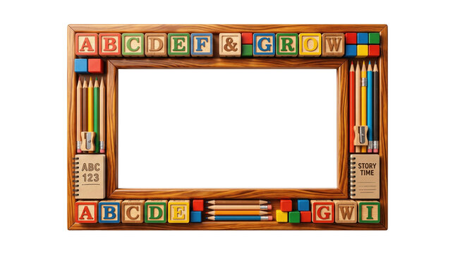 A blank center is framed by wooden alphabet blocks, colored pencils, and small pencil sharpeners, and is isolated on a transparent background.