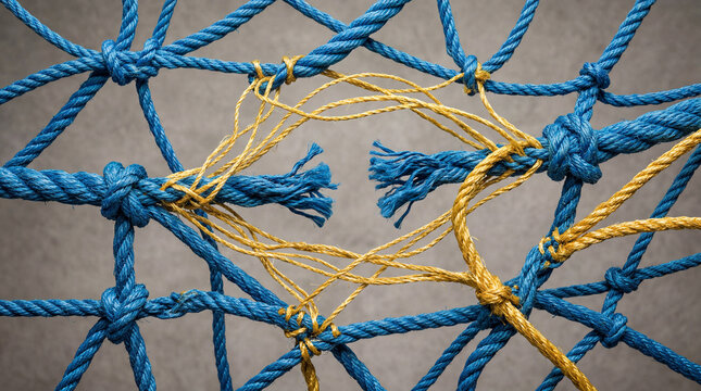 Tangled blue and yellow rope net with frayed strands symbolizing broken connections and network failure