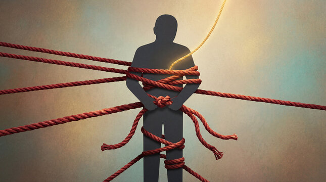 Silhouette of person bound by red ropes with single golden rope offering escape representing freedom from addiction and mental health struggle