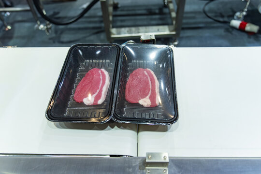 Linear tray food heat sealing and packaging machine with meat