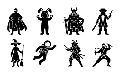 Diverse Character Silhouettes: Superhero, Pirate, Astronaut, Ninja, Warrior, Witch, Bunny Costume