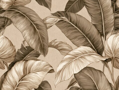 Seamless pattern with tropical banana leaves in vintage engraving style