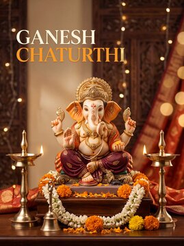 Ganesh chaturthi festival celebration with decorative idol with festive religious celebration amidst marigold flowers