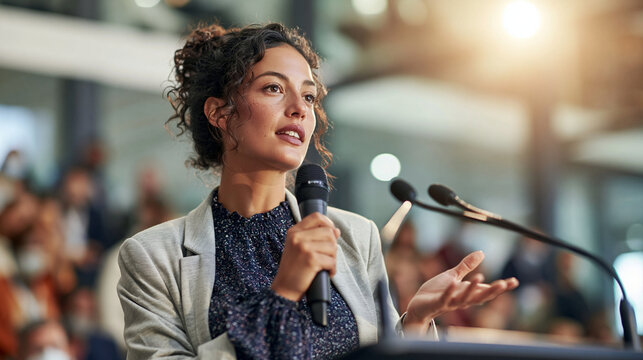 Engaging Speaker on Stage: A passionate woman confidently addresses a captivated audience, holding a microphone and gesturing with her hands, illuminated by warm stage lighting.