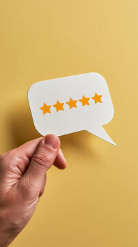 Five Star Rating: A hand holds a speech bubble cutout displaying a perfect five-star rating, signifying excellent customer feedback and satisfaction.