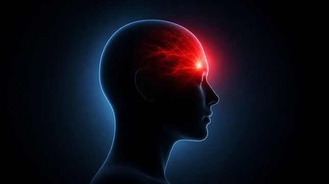Head profile silhouette showing red glowing brain network inside dark background, headache and migraine concept