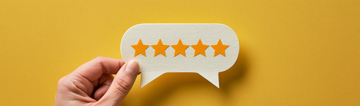 Five Star Feedback: A hand holds a speech bubble containing five glowing orange stars, symbolizing excellent customer satisfaction and positive review.