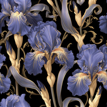 Seamless iris flower pattern with stylized blue petals and golden leaves on black background creating elegant design