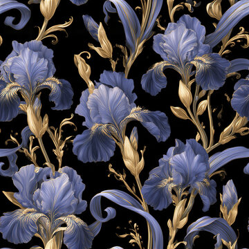 Seamless art nouveau iris pattern with stylized cobalt blue and gold flowers on black background creating elegant beauty
