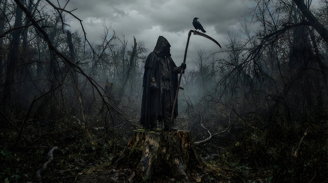 Grim reaper with a scythe and raven in a dark forest illustration